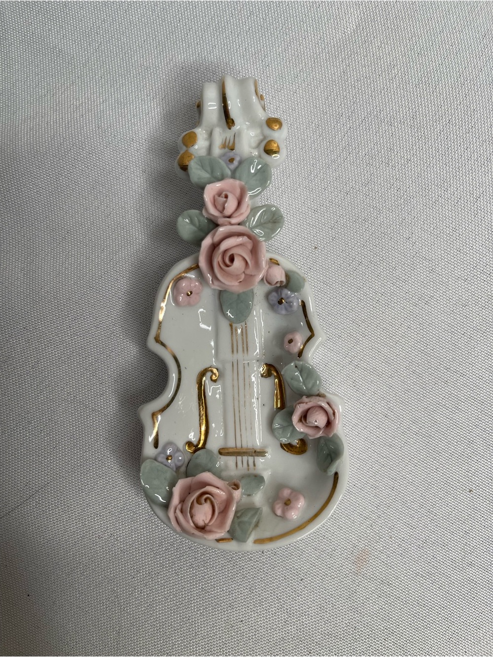 Lefton China Hand Painted Violin Shape Figurine Hanging Trinket Dish Small Roses